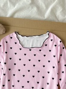 SHEIN Tween女孩休閒居家甜美粉黑愛心印花對比飾邊長袖T恤與直筒寬腿褲2件套 秋冬穿搭 隨機2件 - 藕粉色 - 查看 4