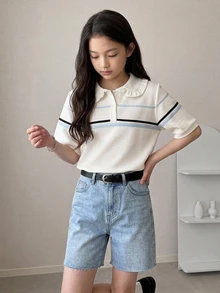 DAZY Basic Style Collared Striped Contrast Color Short Sleeve Top Girls (Large) T-Shirt - Beige - View 3