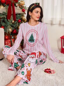 Dream Adore Couples Christmas Print Round Neck Long Sleeve Pants Pajama Set For Women - Pink - View 1