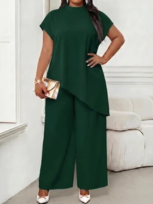 SHEIN Lady 大尺碼女款純色立領休閒優雅百搭上衣，適合日常穿著、正式場合、早午餐、深綠色夏季辦公室派對 - 墨綠色 - 查看 3