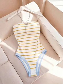 SHEIN Franclia 時尚修身性感無肩帶條紋女款連身衣 - 黃色 - 查看 3