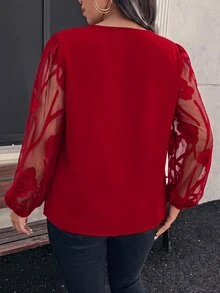 SHEIN Clasi 大尺碼女款缺口V領蕾絲拼接商務優雅襯衫 正式辦公穿搭 海軍藍 秋季 畢業季 適合母親 - 紅色 - 查看 3