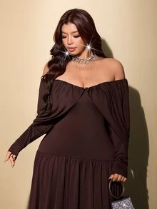 Viva Relle Plus Size Women Solid Color Pleated Casual Party Dress - Rust Brown - View 2