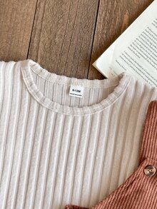 SHEIN 女嬰愛心刺繡燈芯絨吊帶褲套裝，嬰兒荷葉袖長袖T恤2件套，純色羅紋上衣百搭甜美2件套，秋季新品 - 棕色 - 查看 9