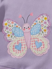 SHEIN Elladie kids 2件組幼童女款運動衫喇叭褲套裝，可愛紫色蝴蝶貼花花卉印花，長袖圓領，常規版型，派對秋季假期公主風套裝 - 紫色 - 查看 8