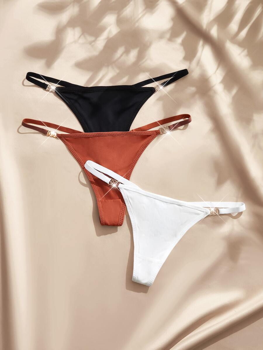 Snug Zone Women's Solid Color Waist Metal Ring Design Fashion Thong (3pcs/Pack) - Multicolor - View 1