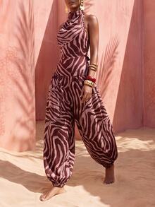 Zivah Women's Loose Zebra Print Cowl Neck Cover-Up Top With Lantern Pants, Beach Vacation - Multicolor - View 2