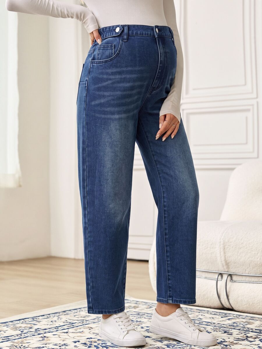 SHEIN Maternity Simple Daily Button Pocket Denim Jeans Winter Country Pants - Blue - View 1