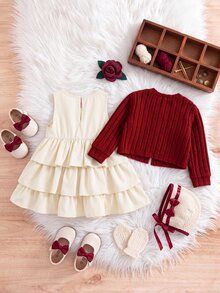 SHEIN Bộ váy sát nách cho bé gái kèm áo cardigan len đan nơ dễ thương và gấu bèo nhún - Đỏ - Xem 4