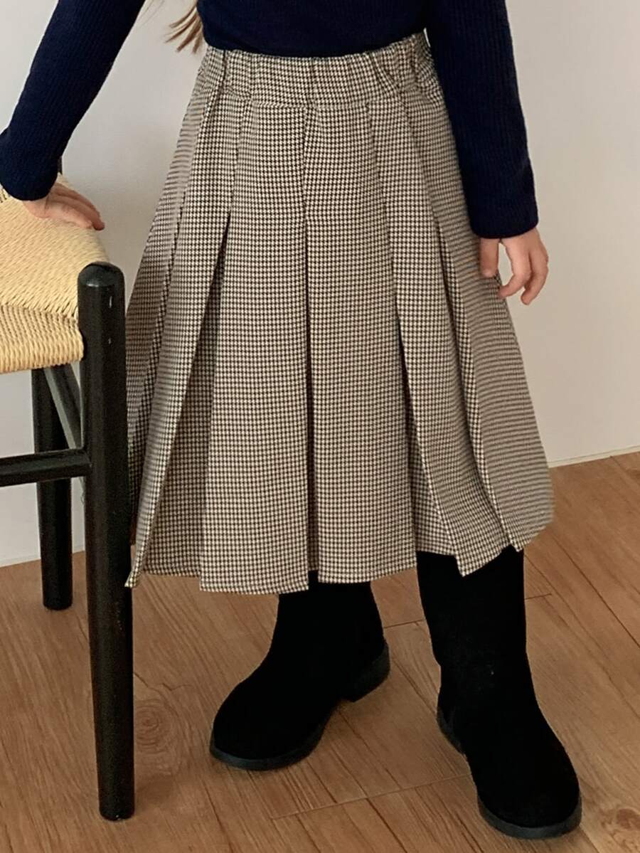 DAZY Young Girl Plaid Casual Preppy Pleated Skirt - Khaki - View 1
