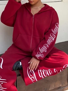 Muchica Plus Size Women's Letter Print Zip-Up Hoodie And Sweatpants Casual 2 Pieces Set - Burgundy - View 8