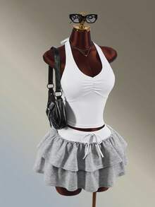 Amplova Women's White Halter Neck Tank Top + Short Cake Skirt Shorts Sports Set - White - View 4