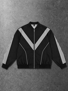ROMWE MEN Men's Patchwork Striped Zip-Up Sports Jacket - Black - View 8