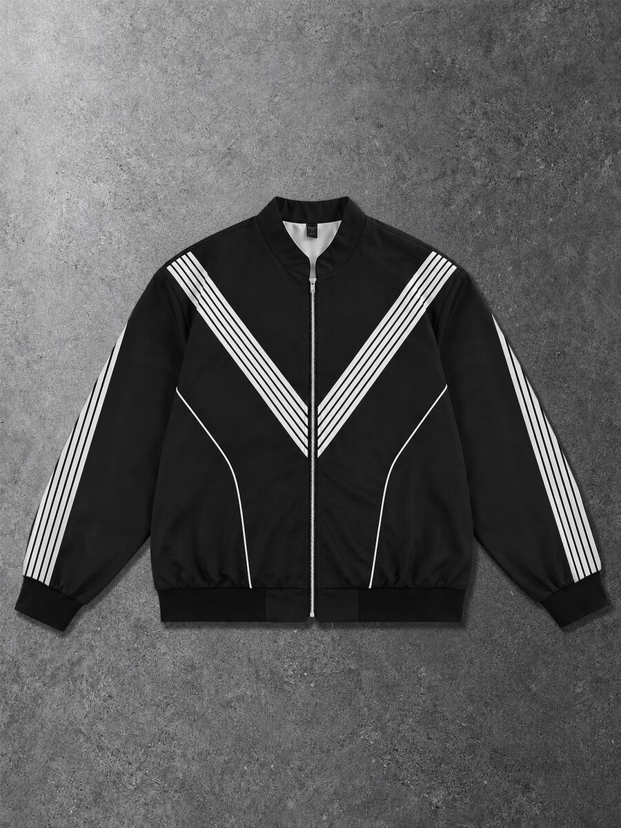 ROMWE MEN Men's Patchwork Striped Zip-Up Sports Jacket - Black - View 1