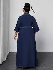 Maweii Plus Size Navy Blue Long Shirt Dress With Contrast Pocket Decor, Button Tie Waist, 3/4 Sleeve Fall Brunch Party Elegant - Navy Blue - View 5