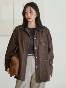 Dazy-Less Women's Brown Washed Loose Fit Short Denim Jacket With Turn-Down Collar, Button And Pocket Decor, Long Sleeve, Autumn - Brown - View 1