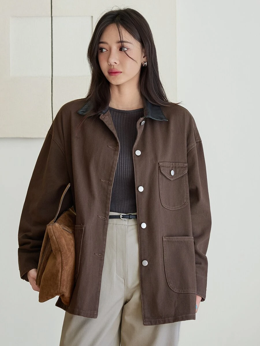 Dazy-Less Women's Brown Washed Loose Fit Short Denim Jacket With Turn-Down Collar, Button And Pocket Decor, Long Sleeve, Autumn - Brown - View 1