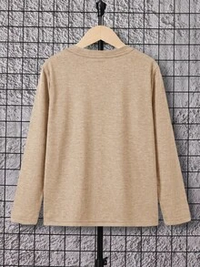 SHEIN 大童男孩純色半門襟 Polo 長袖 T 恤 - 卡其色 - 查看 2