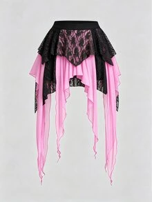 Sweetra 大尺碼波希米亞風蕾絲拼接不對稱復古修身性感迷你裙 - 彩色 - 查看 1