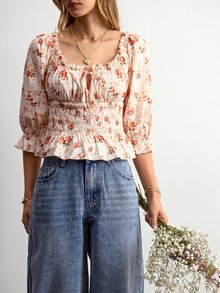 Willow Rêve Blus Wanita Motif Bunga Aprikot Kecil Lengan Sedang Leher Lebar dengan Potongan Pinggang yang Mengencangkan - MultiWarna - View 7