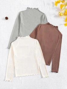 3pcs Tween Girls' Casual All-Match Solid Color Ribbed Lettuce Trim Mock Neck T-Shirts - Multicolor - View 5