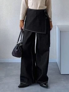 FRIFUL Women's Fashion Button Pocket Denim Jeans & Lace-Up Denim Skirt Set - Black - View 5