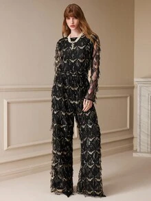 Arave Women's Mesh Embroidery Sequin High Waist Straight Leg Diamond Grid Tassel Embroidery Sequin Design Elegant Date Long Pants - Black - View 2