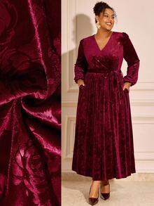 BrightlyHer Plus Size Women V-Neck Pleated Casual Daily Summer Dress - Burgundy - View 12