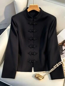 GlowEve CURVE Jaket Wanita Ukuran Besar Warna Polos Lengan Panjang dengan Kancing Katak, Longgar, Kasual, Cocok untuk Perjalanan Sehari-hari, Jalan-jalan, Gaya Jalanan, Pakaian Kantor, Liburan. - Hitam - View 1