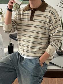 DAZY 男士秋冬卡其底色棕色條紋對比領 Polo 毛衣 - 杏色 - 查看 8