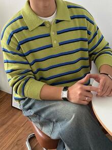DAZY 秋冬橄欖綠與皇家藍條紋 Polo 領男士毛衣 - 綠色 - 查看 7