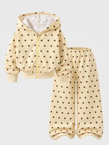 SHEIN 青少年女孩波點抓絨拉鍊連帽衛衣與運動褲2件套，可愛連帽衛衣與長褲休閒秋冬套裝 - 黃色 - 查看 9