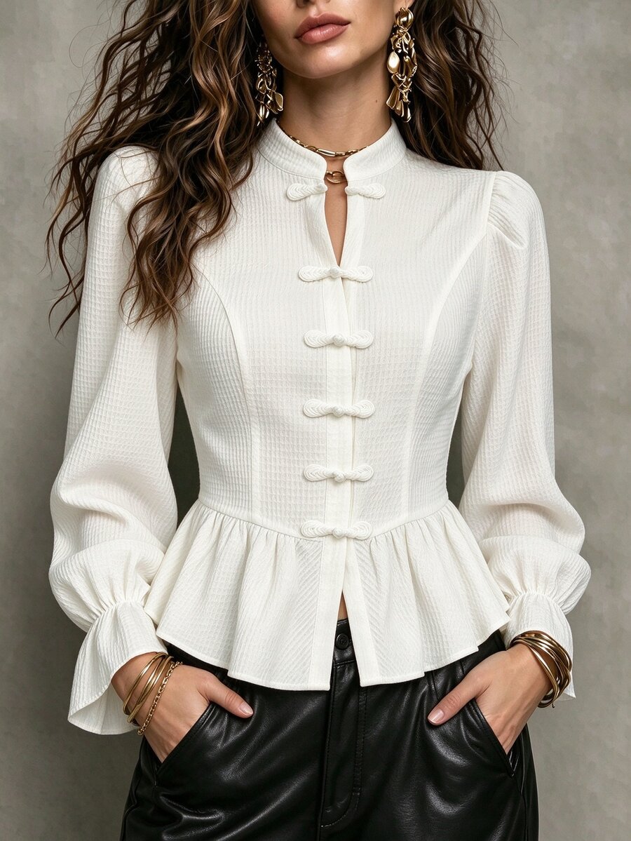 Lumivelle New Chinese Style National Wind Stand Collar Frog Button Petal Sleeve Ruffle Hem Waist-Cinching Short Textured Fabric Flare Cuff Solid Color Blouse - Apricot - View 1