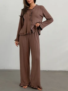 DAZY Women's Frill Trim Single-Breasted Top And Long Pants Pajama Set - Brown - View 7