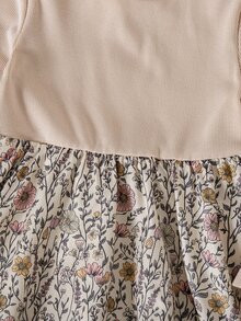 Young Girl Vacation Patchwork Floral Pattern Round Neck Long Sleeve Casual Dress - Multicolor - View 4