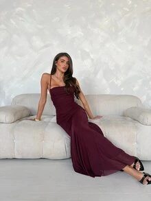 Aloruh Women's Solid Color Pleated Fitted Elegant Spaghetti Strap Dress - Bold Plum - View 4