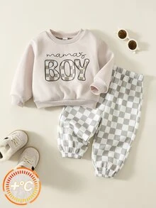 SHEIN 2pcs Baby Boy Checkerboard Pattern Sweatshirt & Sweatpants Set, Infant Outfit, Autumn/Winter Sports Set - Multicolor - View 1