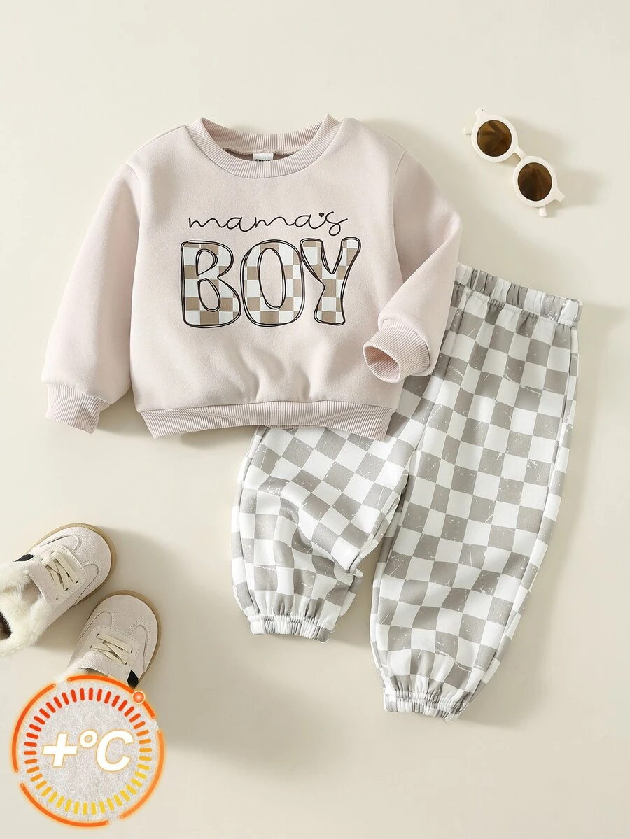 SHEIN 2pcs Baby Boy Checkerboard Pattern Sweatshirt & Sweatpants Set, Infant Outfit, Autumn/Winter Sports Set - Multicolor - View 1