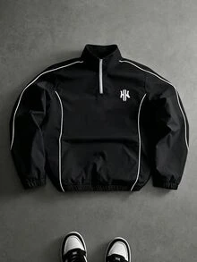 Manfinity EMRG Men's Classic H-Logo Striped Zipper Half-Placket Long Sleeve Jacket - Black - View 1