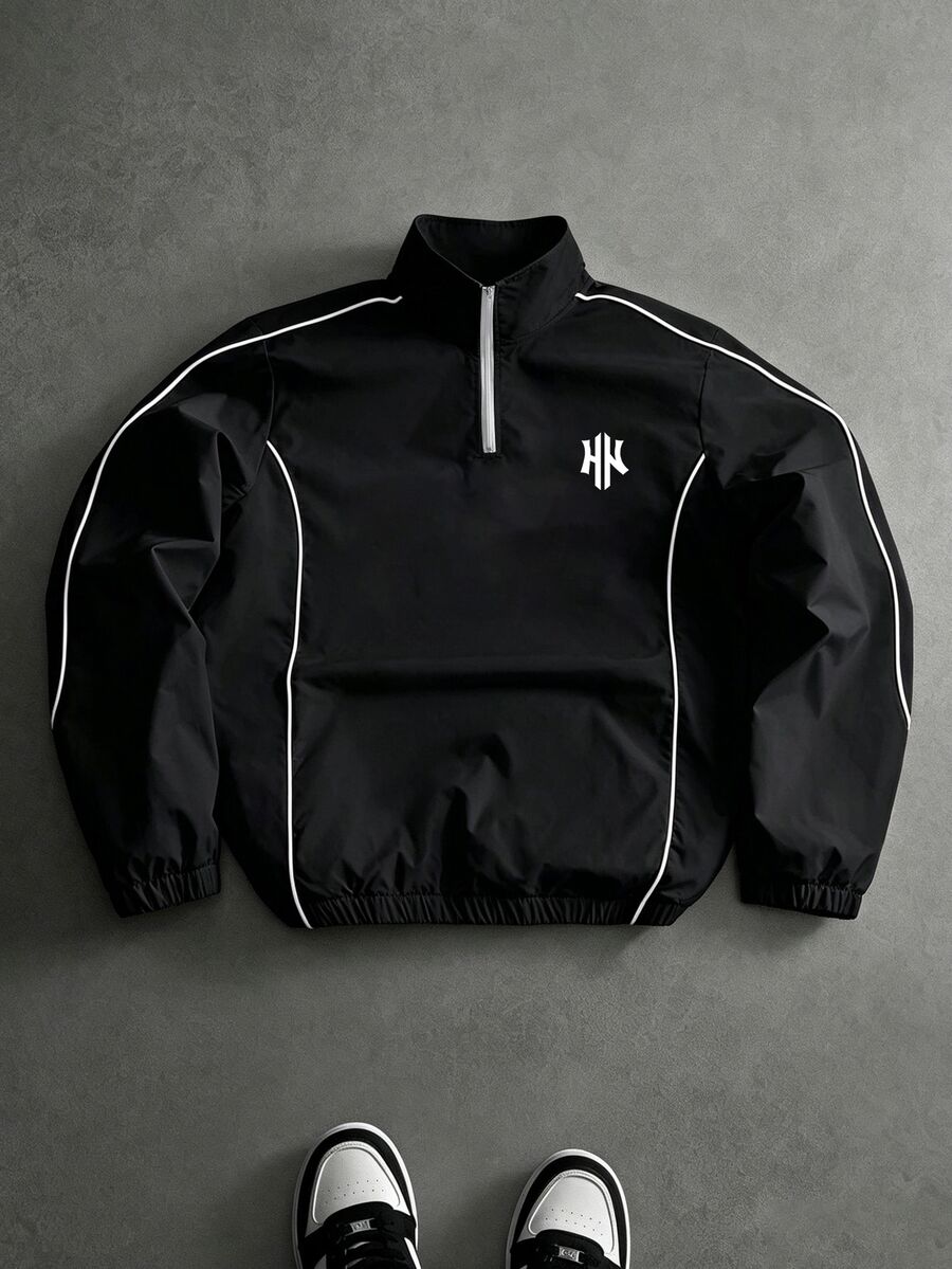 Manfinity EMRG Men's Classic H-Logo Striped Zipper Half-Placket Long Sleeve Jacket - Black - View 1