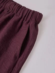 Solivie 3 Pieces Linen Women's Solid Color Camisole Top, Shorts And Robe Casual Everyday Set - Burgundy - View 7