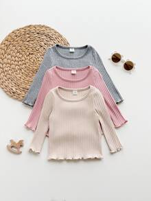 SHEIN 女嬰針織素色圓領休閒T恤上衣3件組，隨機3件，僅含上衣 - 黑色 - 查看 1