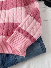 SHEIN Tween Girls Striped Colorblock Cable Knit Round Neck Long Sleeve Pullover Sweater, Casual Minimalist Comfortable Versatile Elegant Autumn/Winter Style - Pink - View 4