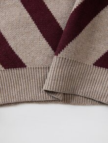 SHEIN Women's V-Stripe Colorblock Cold Shoulder Long Sleeve Loose Knit Sweater - Multicolor - View 7