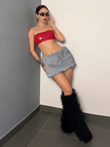 EgrlEra 女款性感蓬鬆酒紅色低腰迷你裙 - 灰色 - 查看 5