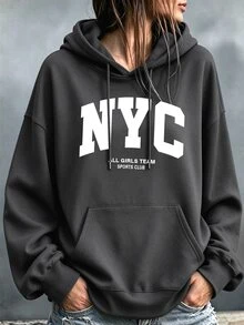 SHEIN MOOSTA 大尺碼女款「NYC ALL GIRLS TEAM SPORTS CLUB」城市名稱字母標語圖案印花抽繩保暖衛衣，適合秋冬冬季 - 深灰色 - 查看 1