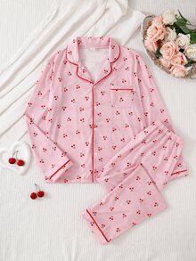 Teen Girls Beautiful Cute Red Cherry Pattern Elegant Comfortable Long Sleeve Pants 2 Pieces Loungewear Set - Pink - View 1
