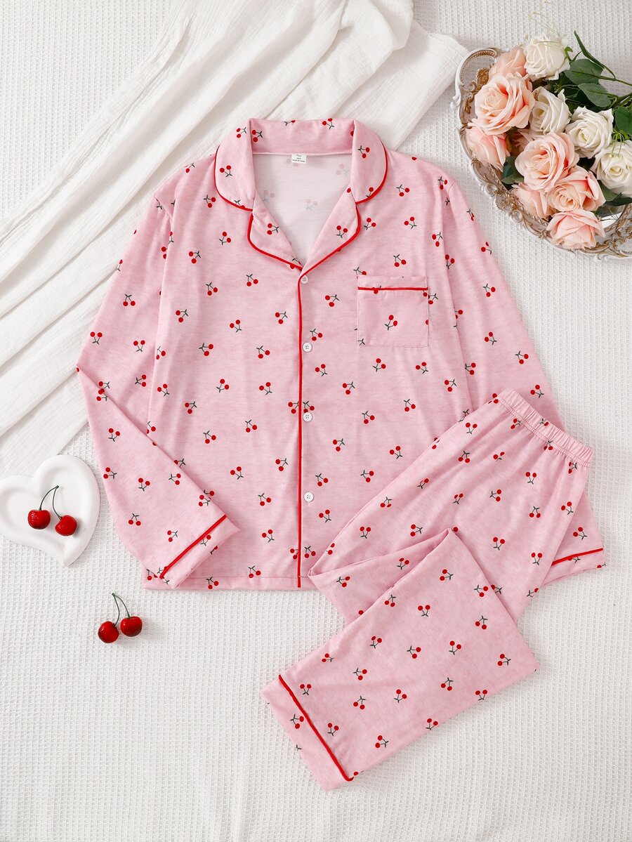 Teen Girls Beautiful Cute Red Cherry Pattern Elegant Comfortable Long Sleeve Pants 2 Pieces Loungewear Set - Pink - View 1