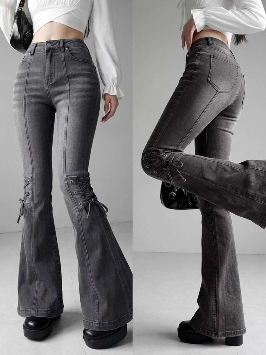 FRIFUL Women's Casual Flare Jeans With Pocket And Eyelet Lace-Up Design - Dark Grey - View 1