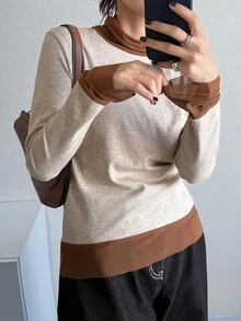 FRIFUL Women's Colorblock Stand Collar Long Sleeve Casual Versatile T-Shirt - Brown - View 3
